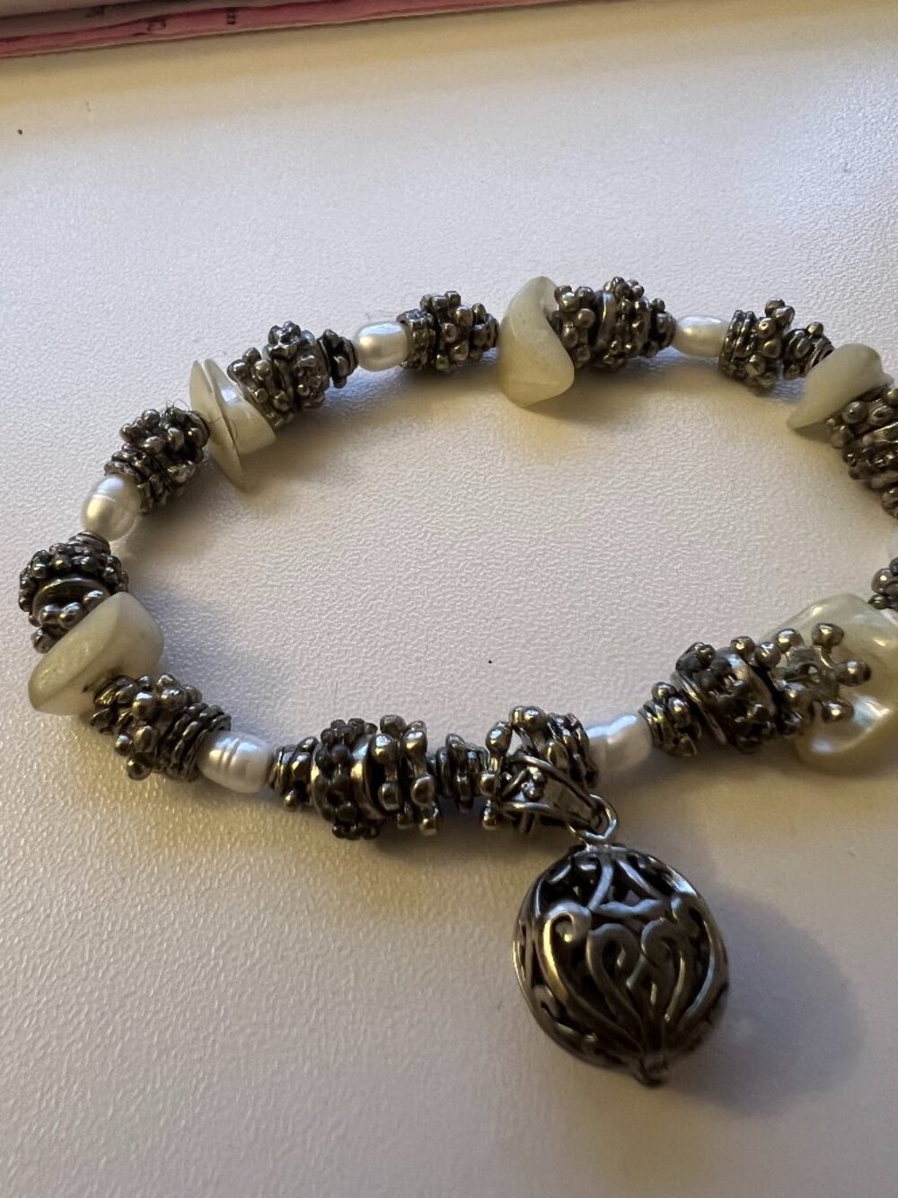 Ornate Silver‑Tone & Pearl Bead Bracelet